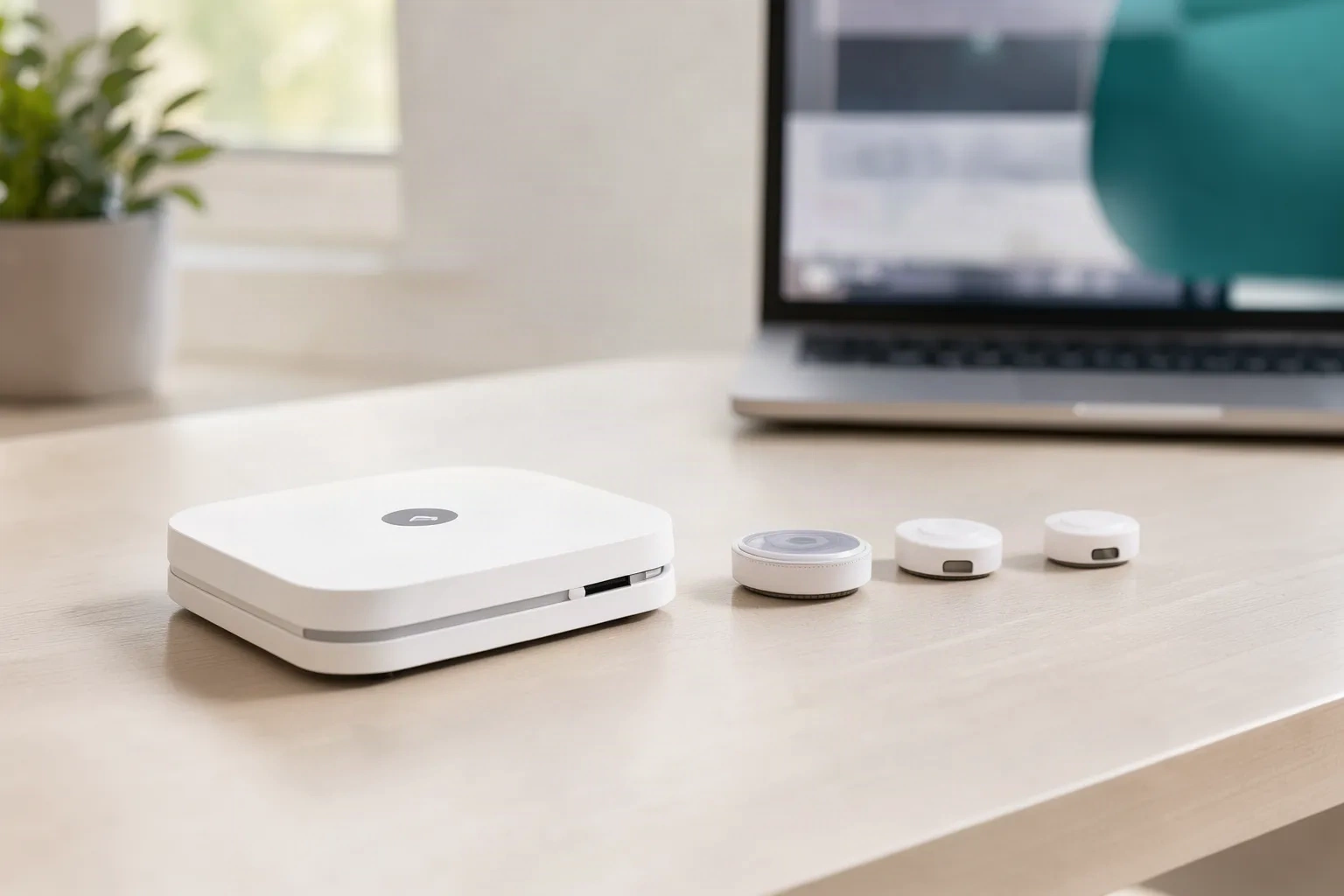 Hub domotique et capteurs alignés sur un bureau