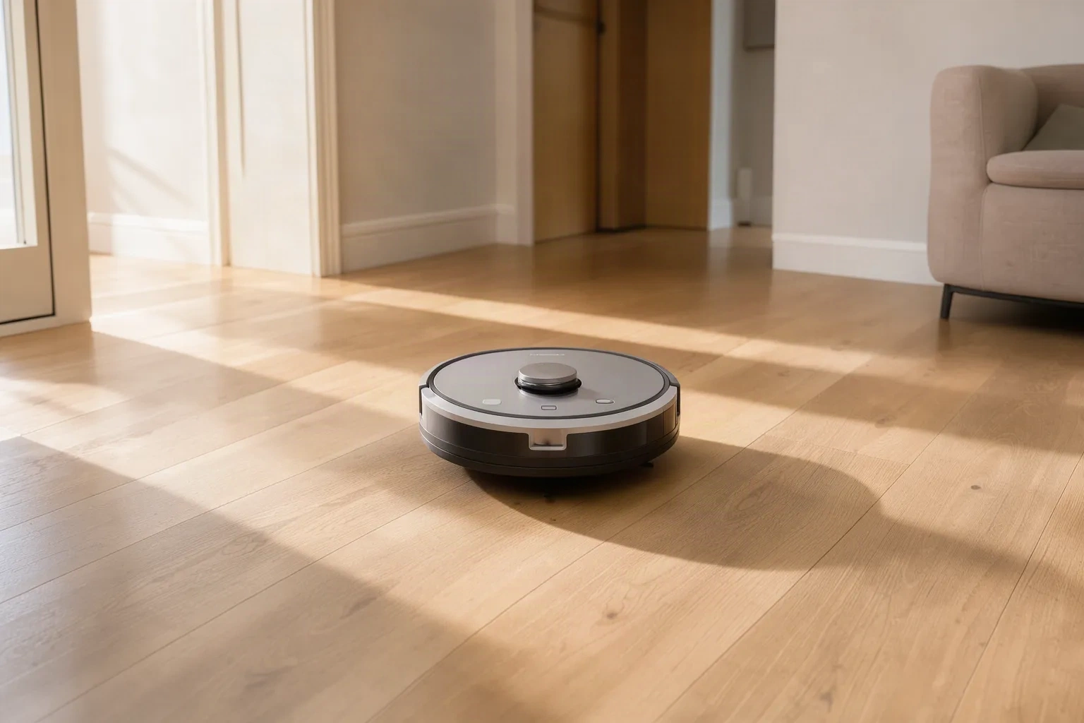Robot aspirateur dans un couloir lumineux