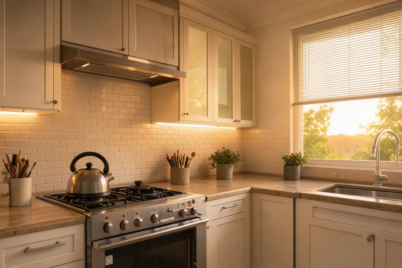 Cuisine baignée d'une lumière douce au lever du soleil