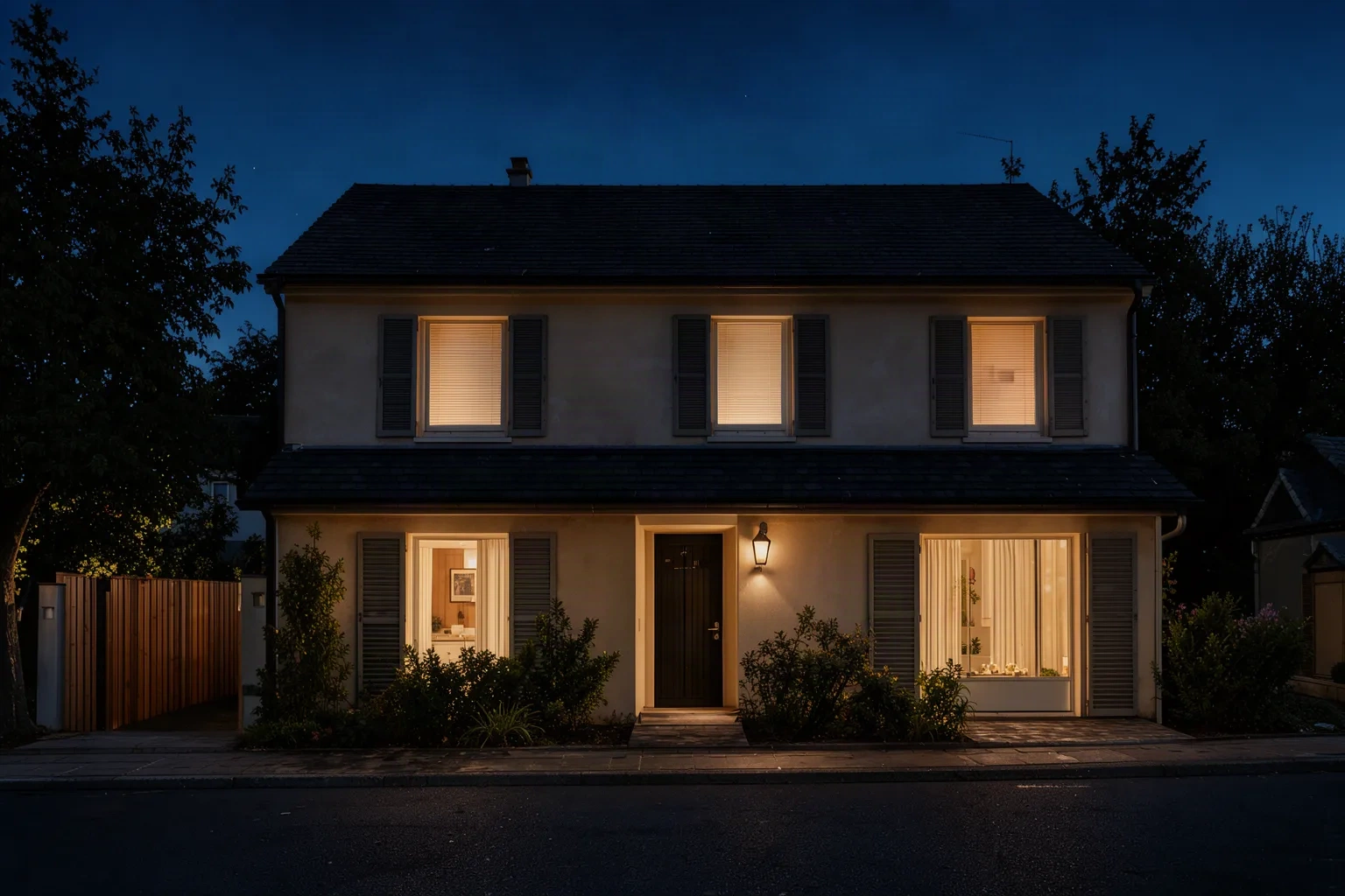 Maison de nuit avec lumières allumées dans plusieurs pièces