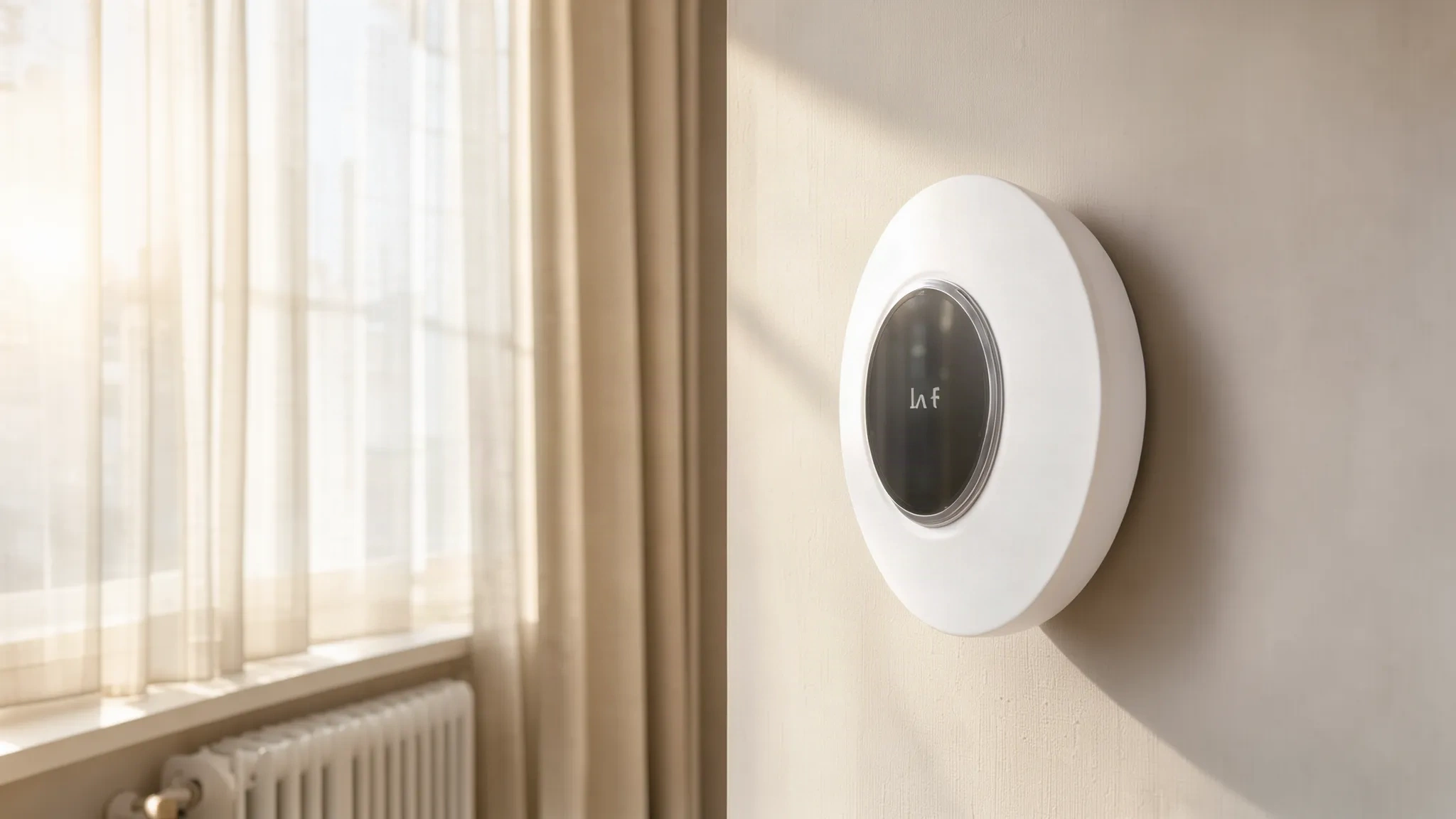 Thermostat connecté sur un mur beige baigné de lumière matinale