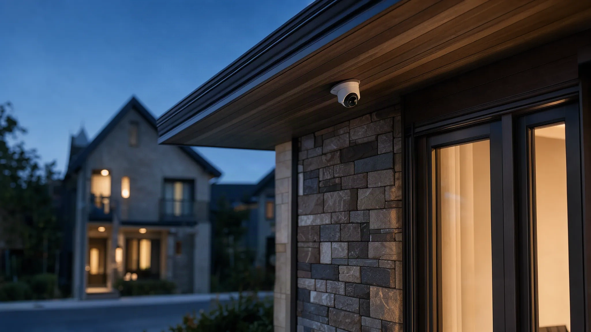 Façade de maison moderne avec caméra de surveillance discrète à la tombée de la nuit