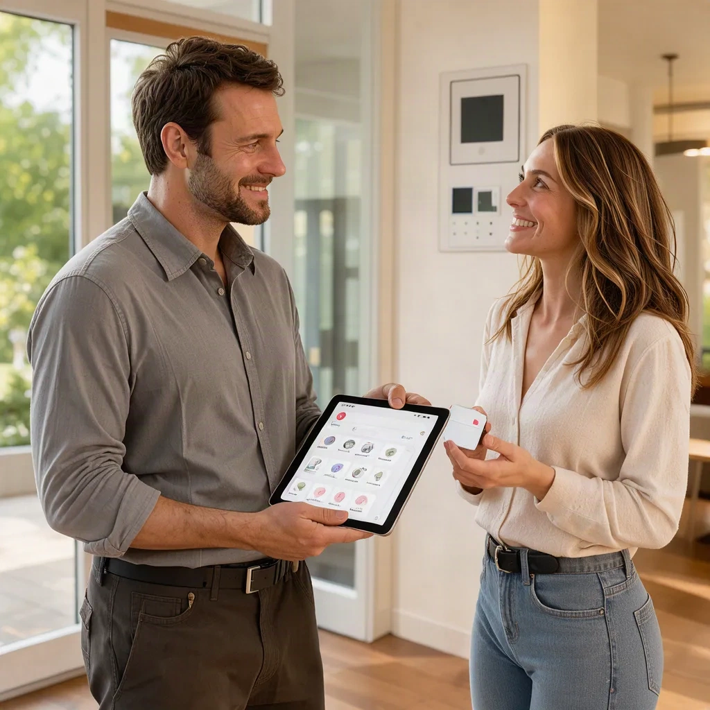 Installateur présentant une application domotique à une cliente dans un salon lumineux